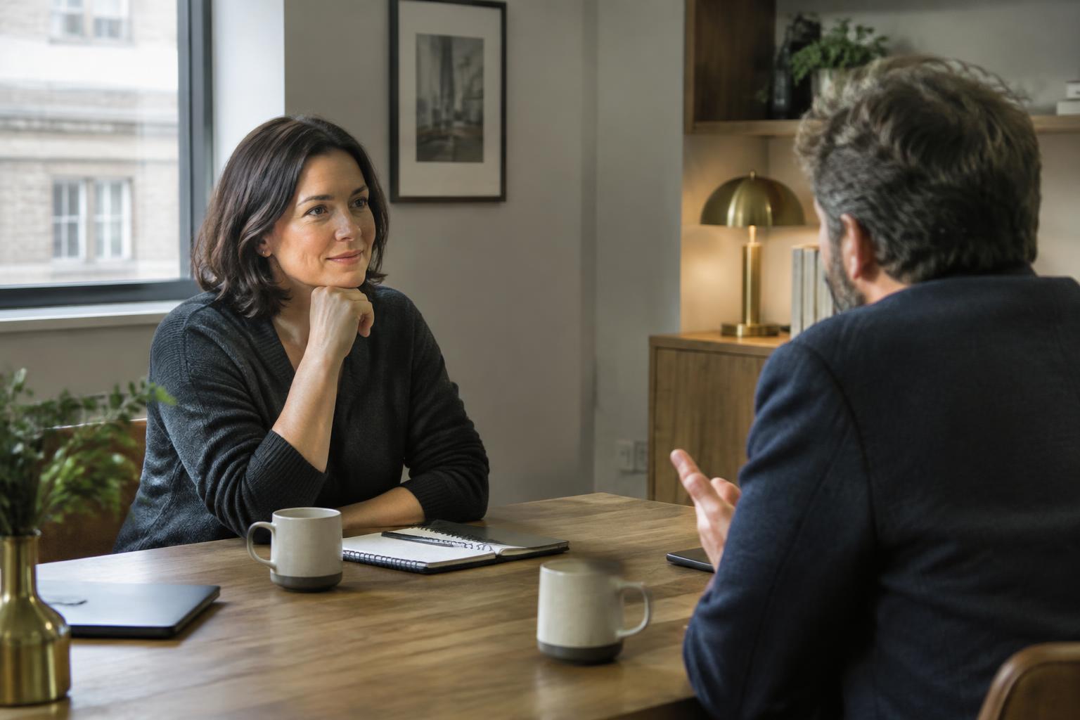 Two people in a calm conversation across a table
