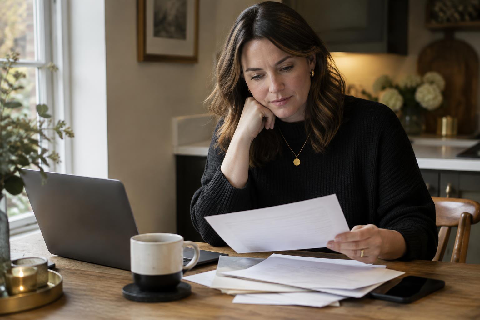 An employee at home reading through letters from her employer